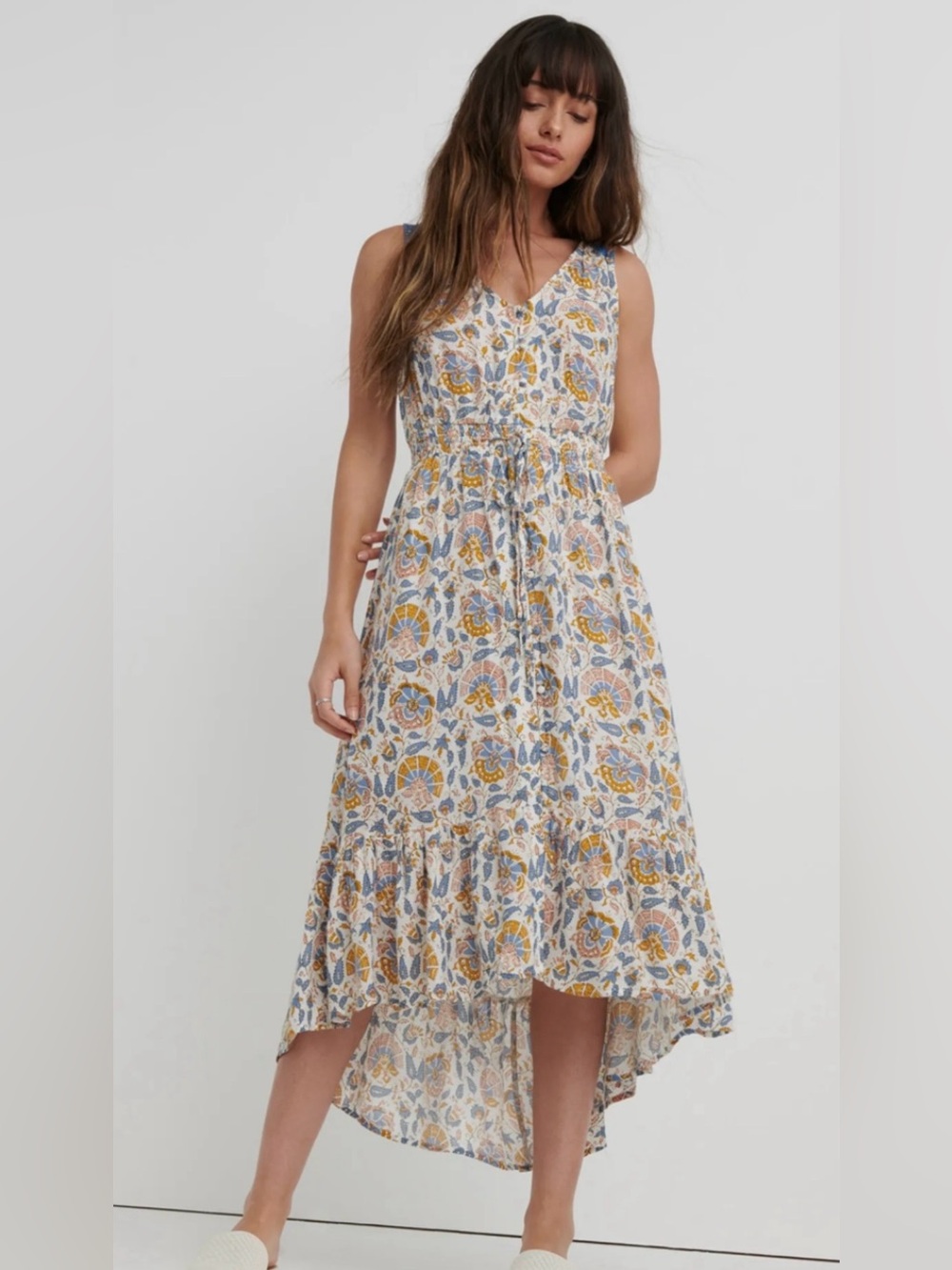 Lucky Brand Sleeveless Felice Floral High-Low Midi Dress in Blue/Mustard size L